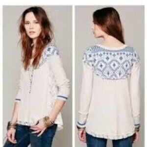 EUC Free People Women Cabin in the Woods Blue Fair Isle Cream Henley Top, Small